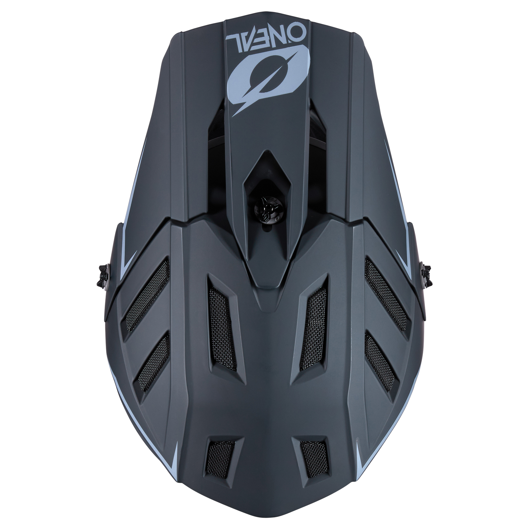 Draufsicht auf den O'NEAL BACKFLIP Helm SOLID in mattem Schwarz mit geometrischen Belüftungsöffnungen und weißem O'NEAL-Logo - ideal für Ihr nächstes Mountainbike-Abenteuer.