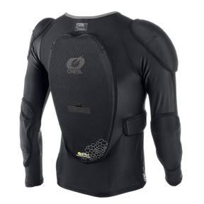 The black O'NEAL BP protector jacket features padded shoulders, elbows, a large back protector for high loads and the O'NEAL logo on the back padding.