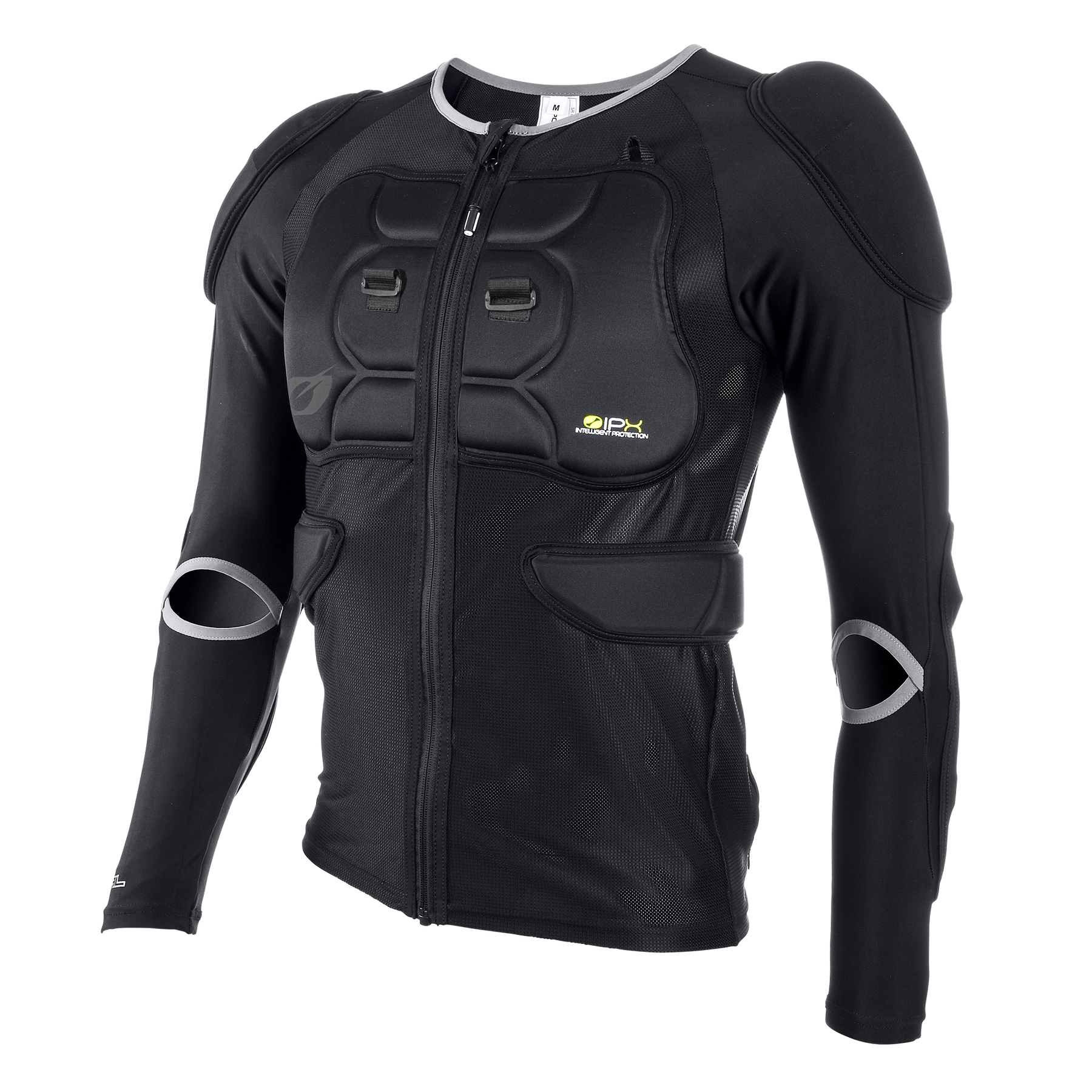 Die O'NEAL BP Protektoren Jacke ist eine schwarze, langärmelige Jacke mit Brust-, Schulter- und Ellbogenpolsterung für Sport oder Motorradfahren. Sie bietet Aufprallschutz, verfügt über einen Frontreißverschluss und Netzgewebe für Atmungsaktivität.