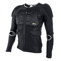 The O'NEAL BP Protector Jacket is a black, long-sleeved jacket with chest, shoulder and elbow padding for sports or motorcycling. It offers impact protection, has a front zipper and mesh fabric for breathability.