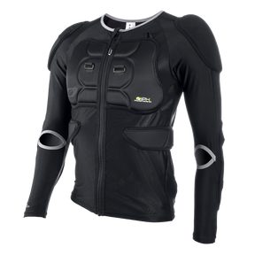 The O'NEAL BP Protector Jacket is a black, long-sleeved jacket with chest, shoulder and elbow padding for sports or motorcycling. It offers impact protection, has a front zipper and mesh fabric for breathability.