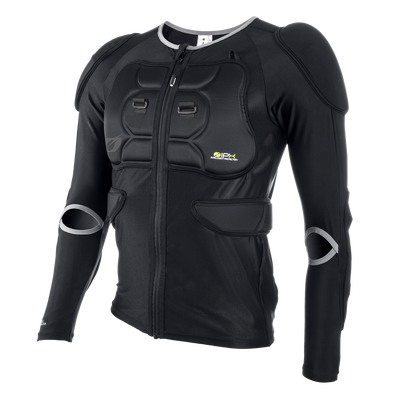 The O'NEAL BP Protector Jacket is a black, long-sleeved jacket with chest, shoulder and elbow padding for sports or motorcycling. It offers impact protection, has a front zipper and mesh fabric for breathability.