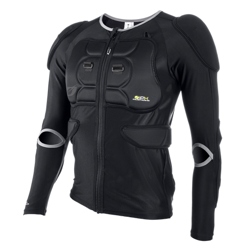 La Chaqueta Protecciones BP O'NEAL es una chaqueta negra de manga larga con acolchado en pecho, hombros y codos para practicar deporte o montar en moto. Ofrece protección contra impactos, tiene cremallera frontal y tejido de malla para mayor transpirabilidad.