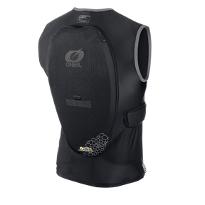 The O'NEAL BP Protector Vest is a black protective vest with large back padding, gray logo and honeycomb details, designed for motorcycle or cycling. Shown on a white background.