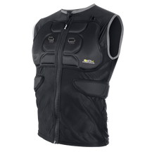 Black, sleeveless O'NEAL BP protector vest with padded chest and side inserts, a front zipper, light gray edged neck/armholes and a small "PXR protection" logo on the left side of the chest.