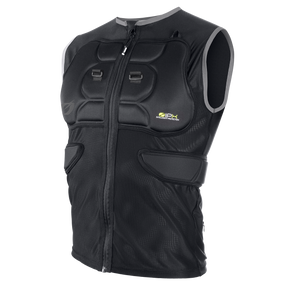 Black, sleeveless O'NEAL BP protector vest with padded chest and side inserts, a front zipper, light gray edged neck/armholes and a small "PXR protection" logo on the left side of the chest.