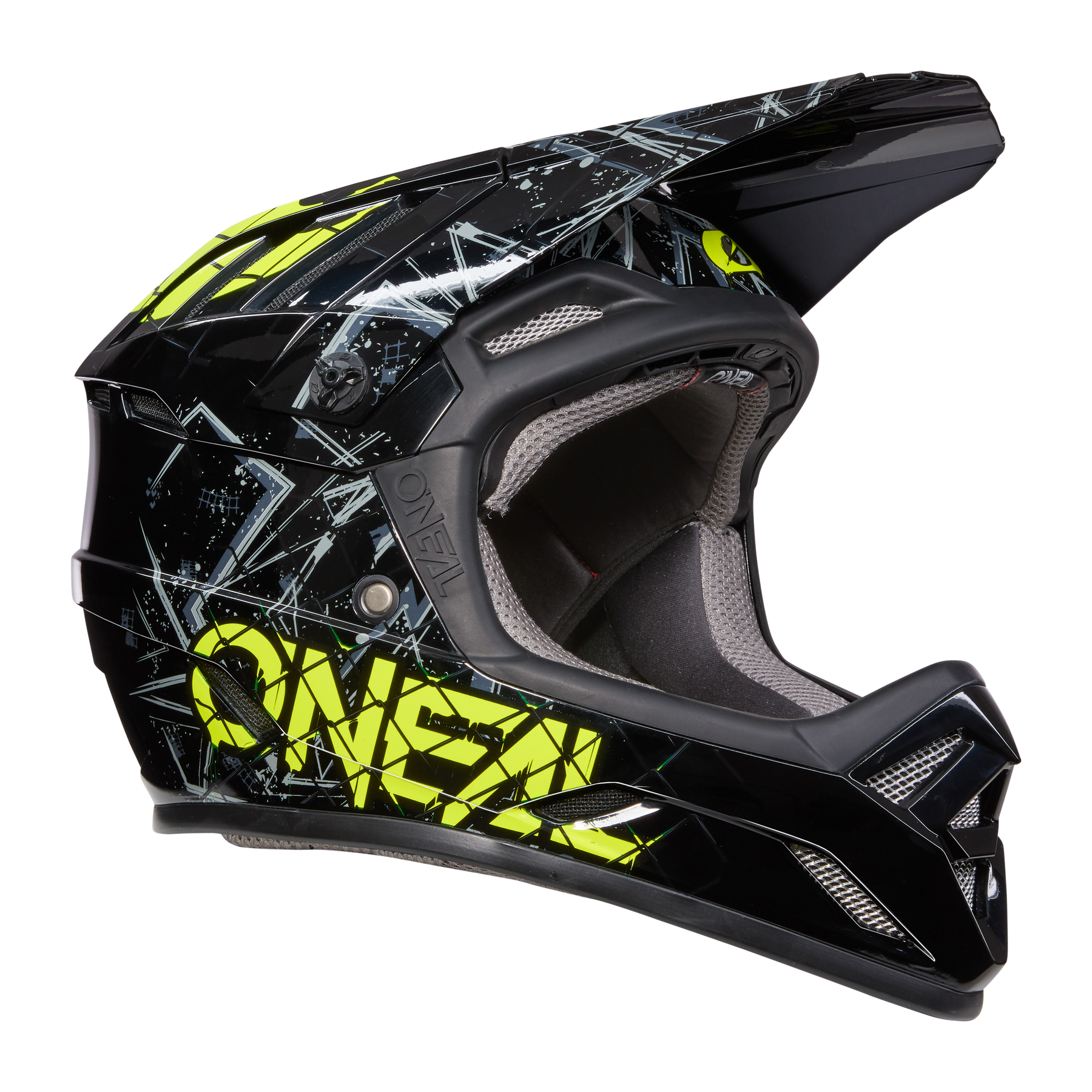 Der O'NEAL BACKFLIP Helm ZOMBIE ist ein schwarz-grauer Fullface-MTB-Helm mit neongelber Spike-Grafik und großem gelben O'NEAL-Branding - ideal für Ihr nächstes Mountainbike-Abenteuer.