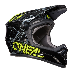 Le casque BACKFLIP ZOMBIE d'O'NEAL est un casque VTT fullface noir et gris avec un graphisme de clous jaune fluo et une grande marque jaune O'NEAL - idéal pour ta prochaine aventure en VTT.