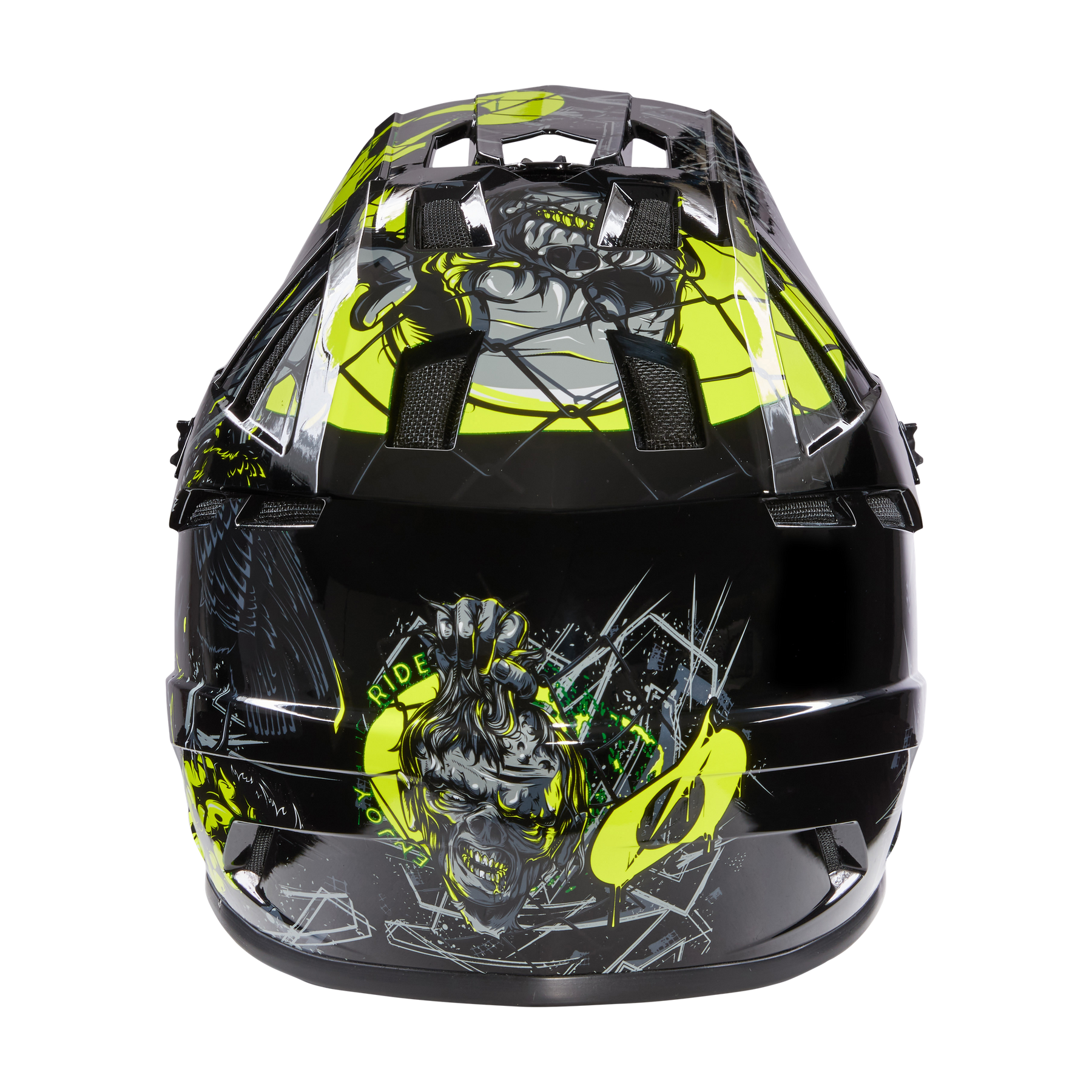 Der O'NEAL BACKFLIP Helm ZOMBIE ist ein schwarzer MTB-Helm mit neongelben Akzenten, einem grimmigen Monstergesicht, Glasscherben auf der Rückseite, Belüftungsöffnungen und einem glänzenden Finish - ideal für Mountainbike-Abenteuer.