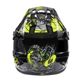 Le casque O'NEAL BACKFLIP ZOMBIE est un casque de VTT noir avec des accents jaune fluo, un visage de monstre féroce, des éclats de verre à l'arrière, des ouvertures d'aération et une finition brillante - idéal pour les aventures en VTT.