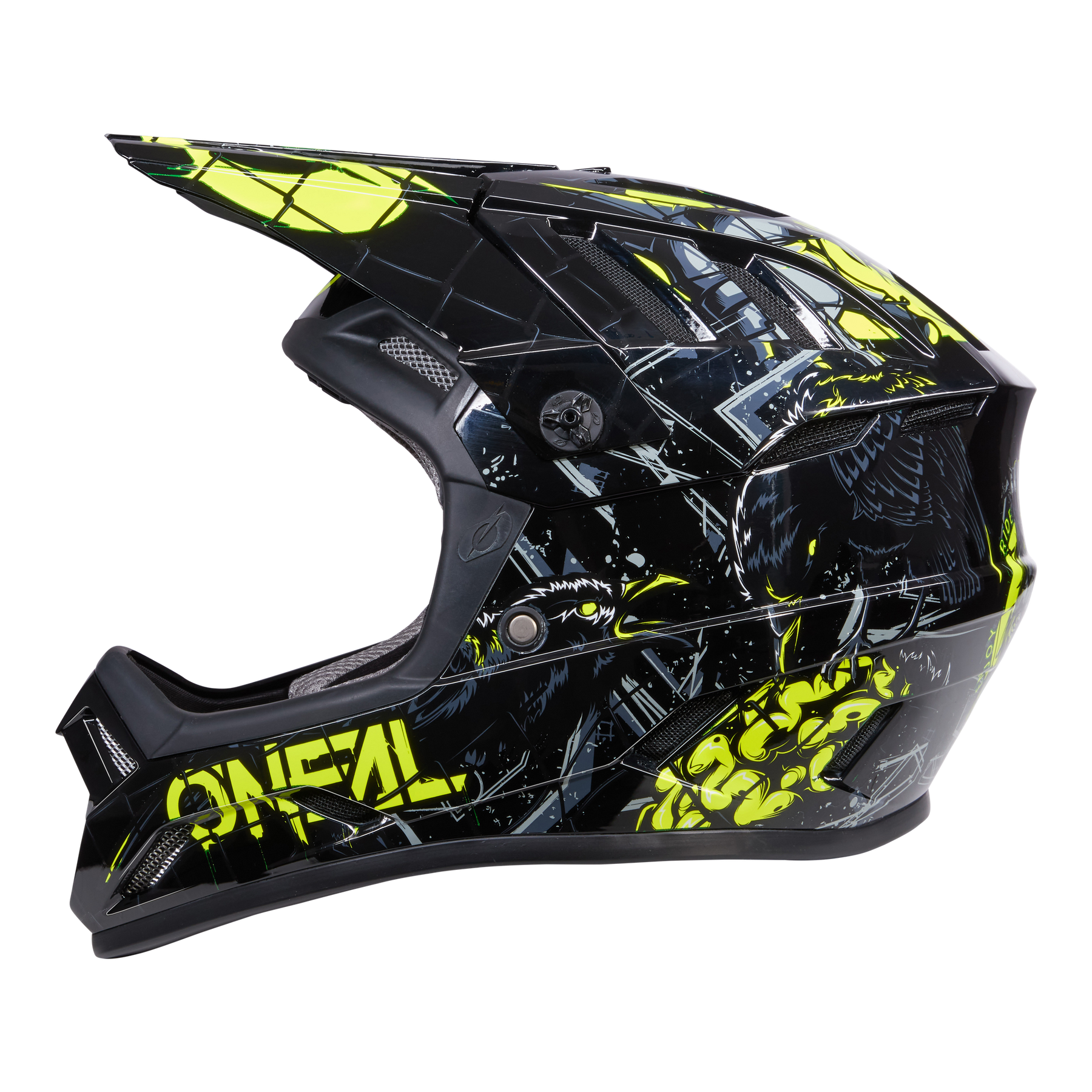 Der O'NEAL BACKFLIP Helm ZOMBIE ist ein schwarzer MTB-Helm mit auffälliger gelb-weißer Grafik und "ONEAL" an der Seite. Er verfügt über ein Visier, mehrere Belüftungsöffnungen und ein kantiges Design - perfekt für Mountainbike-Abenteuer.