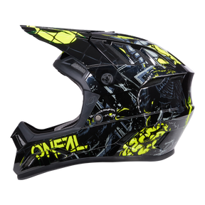 Le casque BACKFLIP ZOMBIE de O'NEAL est un casque de VTT noir avec un graphisme jaune et blanc accrocheur et "ONEAL" sur le côté. Il dispose d'une visière, de plusieurs ouvertures d'aération et d'un design anguleux - parfait pour les aventures en VTT.