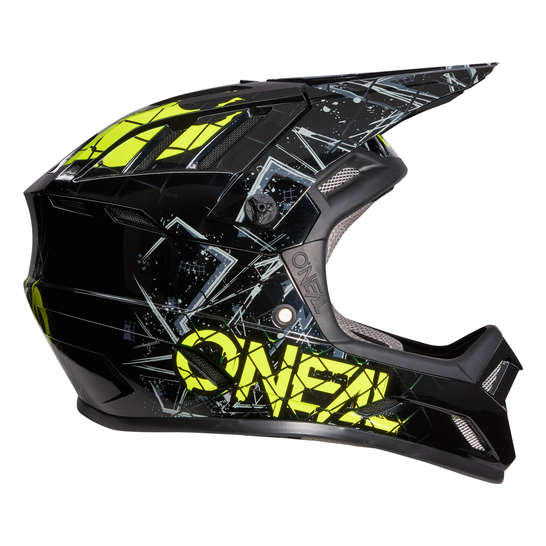 Der O'NEAL BACKFLIP Helm ZOMBIE ist ein schwarzer und neongelber Integralhelm mit kantigem Design, Visier, auffälligem Branding, großen Belüftungsöffnungen und geometrischem Muster - perfekt für Motocross oder Mountainbiking.