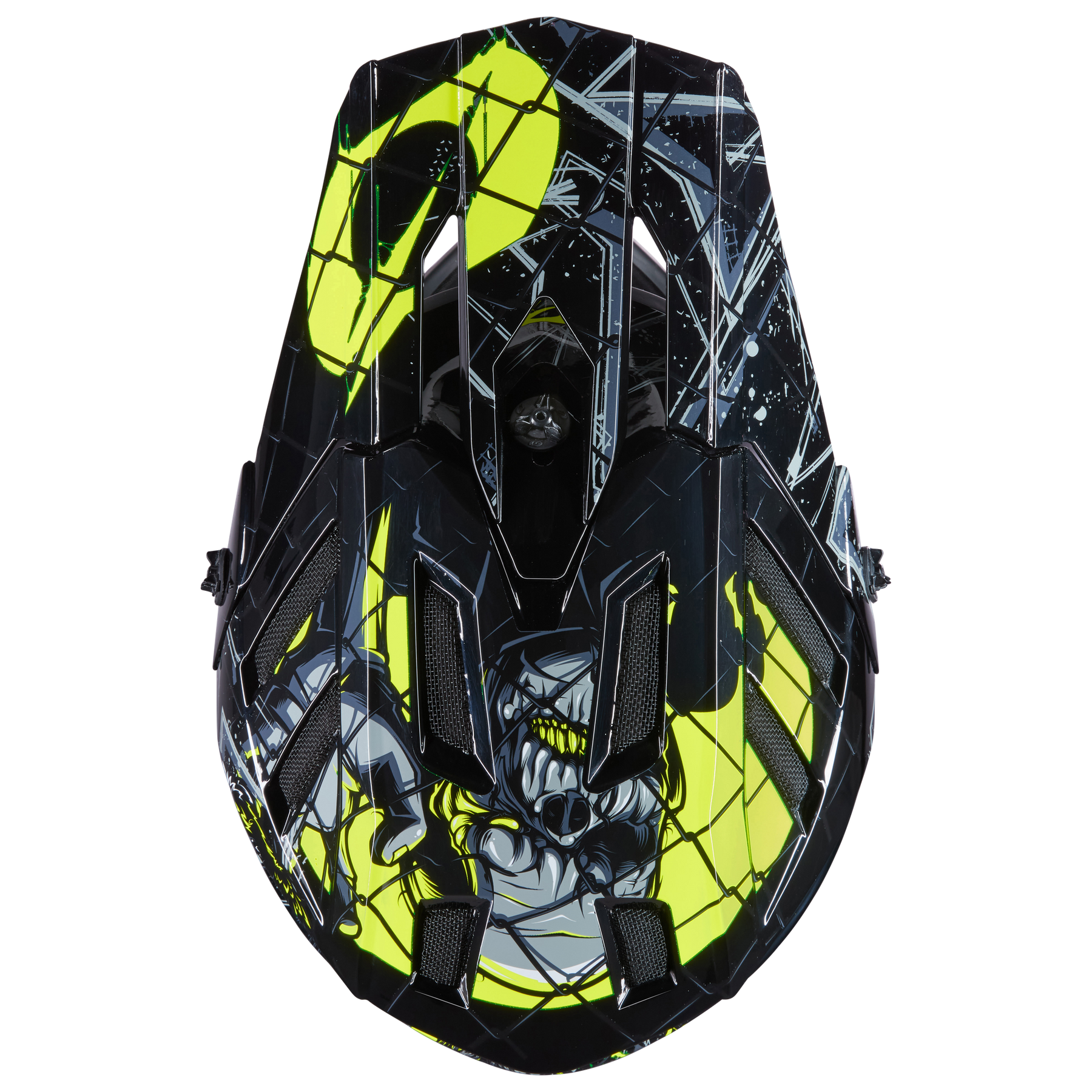 Der O'NEAL BACKFLIP Helm ZOMBIE ist ein schwarz-gelber Helm mit aggressiver Cartoon-Monstergrafik und auffälligen geometrischen Mustern - ideal für Fans von O'NEAL oder einer Mountainbike-Ästhetik.