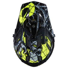 Le casque O'NEAL BACKFLIP ZOMBIE est un casque noir et jaune avec des graphismes de monstres de dessins animés agressifs et des motifs géométriques accrocheurs - idéal pour les fans d'O'NEAL ou d'une esthétique de VTT.