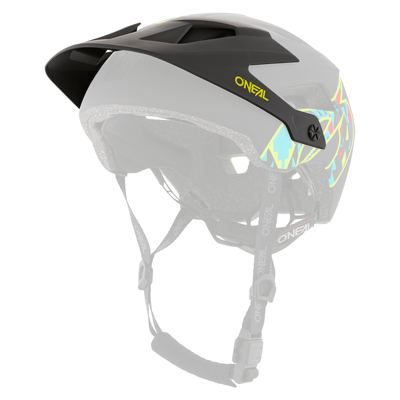 Der O'NEAL Visor DEFENDER Helmet MUERTA ist ein schwarzer Fahrradhelm mit neonblauen und gelben geometrischen Akzenten, verstellbaren Riemen, Innenpolsterung und Visier, dargestellt von der Seite nach hinten.