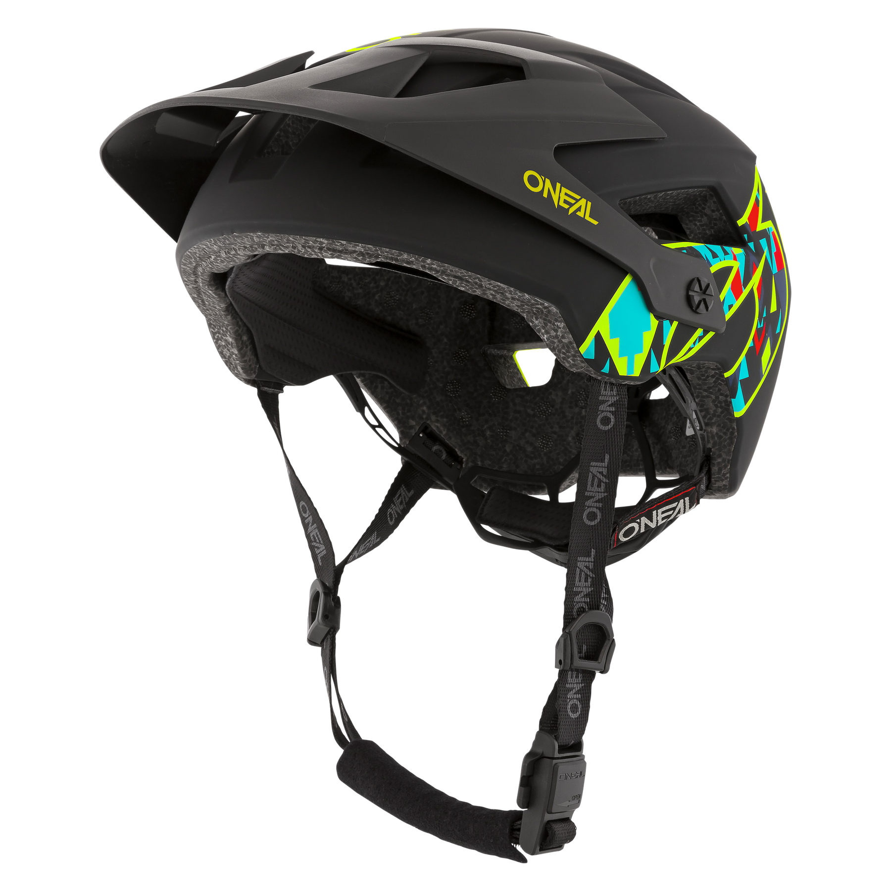 Der O'NEAL DEFENDER Helm MUERTA ist ein schwarzer Fahrradhelm mit Visier, blauen und gelben grafischen Akzenten, verstellbaren Riemen und einem gepolsterten Kinnschutz - ideal für Enduro- oder All Mountain-Fahrten. Wählen Sie O'NEAL für Top-Schutz und Stil.
