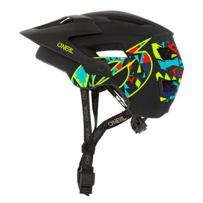 Der O'NEAL DEFENDER Helm MUERTA zeichnet sich durch ein lebhaftes geometrisches Design mit Belüftungslöchern, ein verstellbares Visier und sichere Kinnriemen aus.