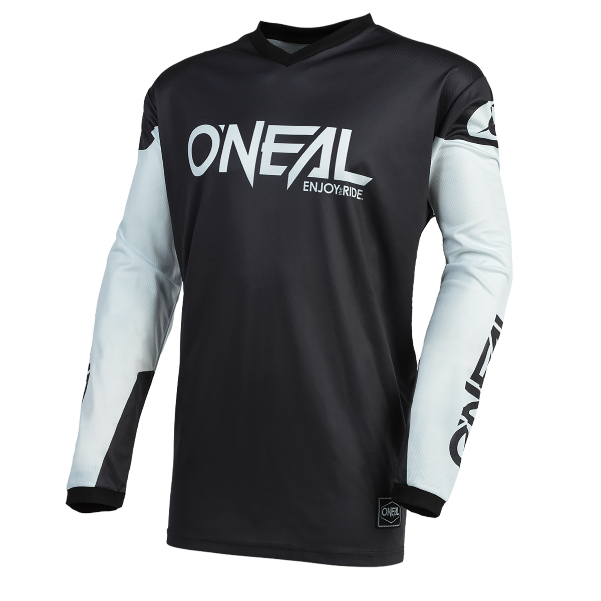 El maillot O'NEAL Element THREAT es un maillot de manga larga, blanco y negro, con la inscripción "ENJOY.RIDE." en la parte delantera. Presenta un material transpirable, un cuello en V, un diseño de bloques de color y un ajuste perfecto para un alto nivel de comodidad.