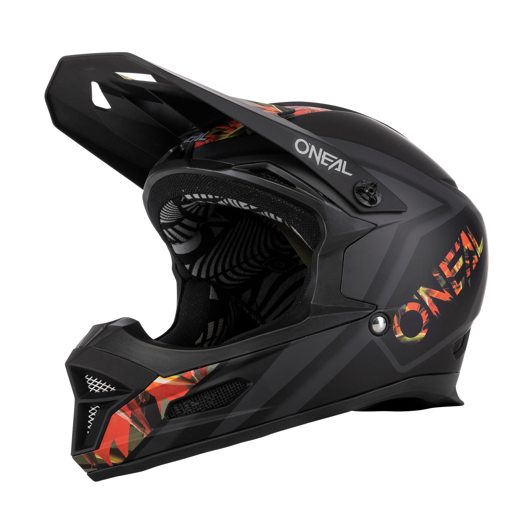 Der O'NEAL FURY Helm MAHALO ist ein mattschwarzer Integralhelm mit Visier, auffälligen orangen und gelben Grafiken und markantem O'NEAL-Branding - ein idealer Mountainbike-Helm für Stil und Schutz.