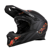 The O'NEAL FURY helmet MAHALO is a matte black full-face helmet with visor, eye-catching orange and yellow graphics and striking O'NEAL branding - an ideal mountain bike helmet for style and protection.