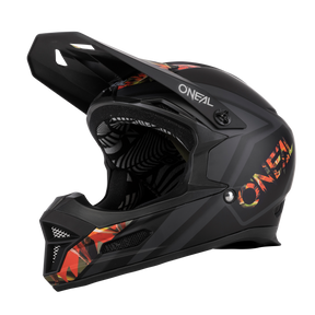The O'NEAL FURY helmet MAHALO is a matte black full-face helmet with visor, eye-catching orange and yellow graphics and striking O'NEAL branding - an ideal mountain bike helmet for style and protection.