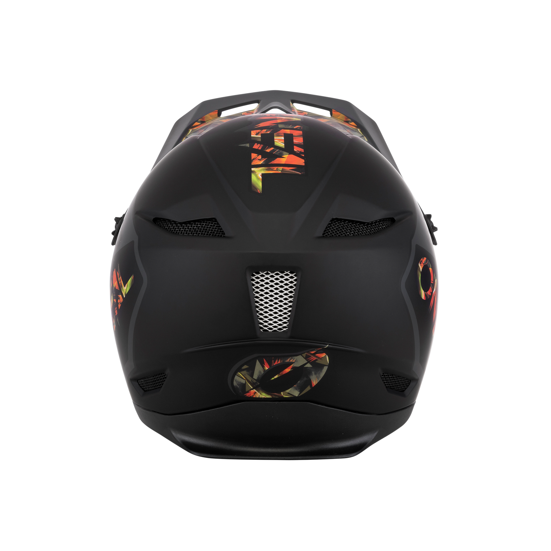 Der O'NEAL FURY Helm MAHALO ist ein mattschwarzer Integralhelm mit kantigen Belüftungsöffnungen und leuchtenden abstrakten Grafiken in Rot, Orange und Gelb - ideal für Mountainbiker, die einen mutigen Stil und zuverlässigen Schutz suchen.