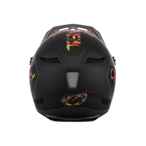 The O'NEAL FURY helmet MAHALO is a matte black full-face helmet with angular ventilation openings and bright abstract graphics in red, orange and yellow - ideal for mountain bikers looking for bold style and reliable protection.