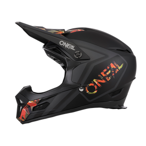 The O'NEAL FURY helmet MAHALO is a black full-face helmet with a visor, ventilation openings and edgy orange and yellow accents on the sides and chin. It has a plain background and is suitable for motocross or as a mountain bike helmet.