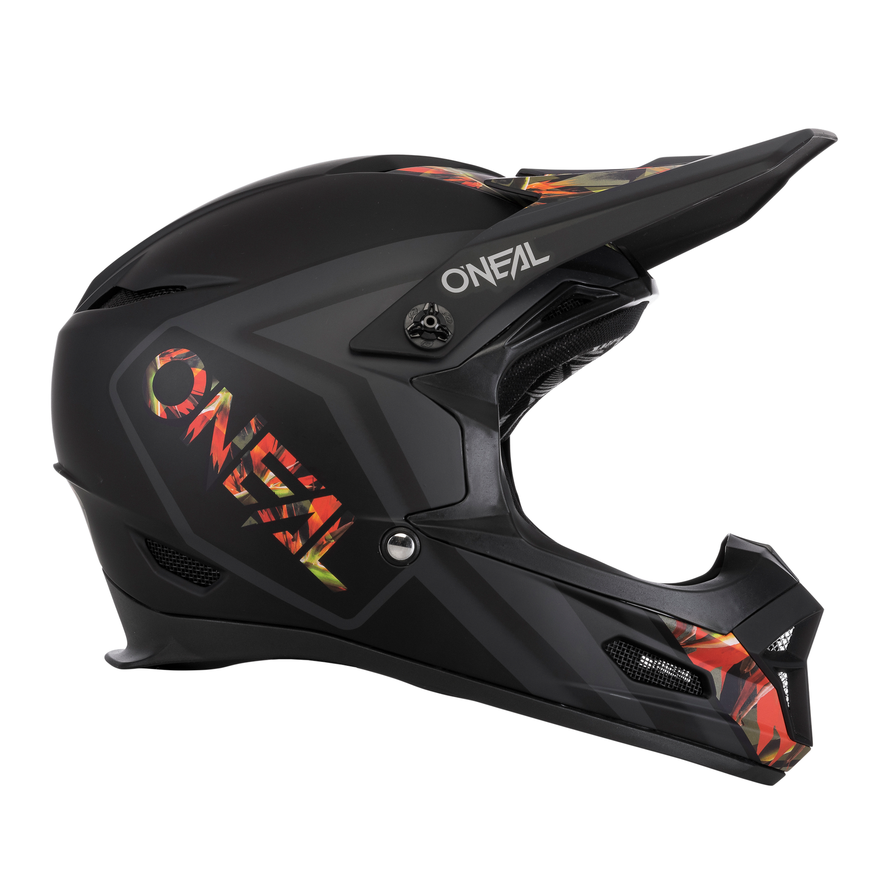 Der O'NEAL FURY Helm MAHALO ist ein mattschwarzer Integralhelm mit Visier und auffälligen geometrischen Mustern in Rot, Gelb und Orange - perfekt als stylischer Mountainbike-Helm.
