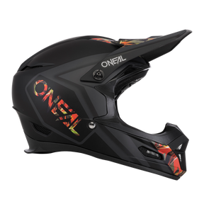 The O'NEAL FURY helmet MAHALO is a matte black full-face helmet with a visor and eye-catching geometric patterns in red, yellow and orange - perfect as a stylish mountain bike helmet.