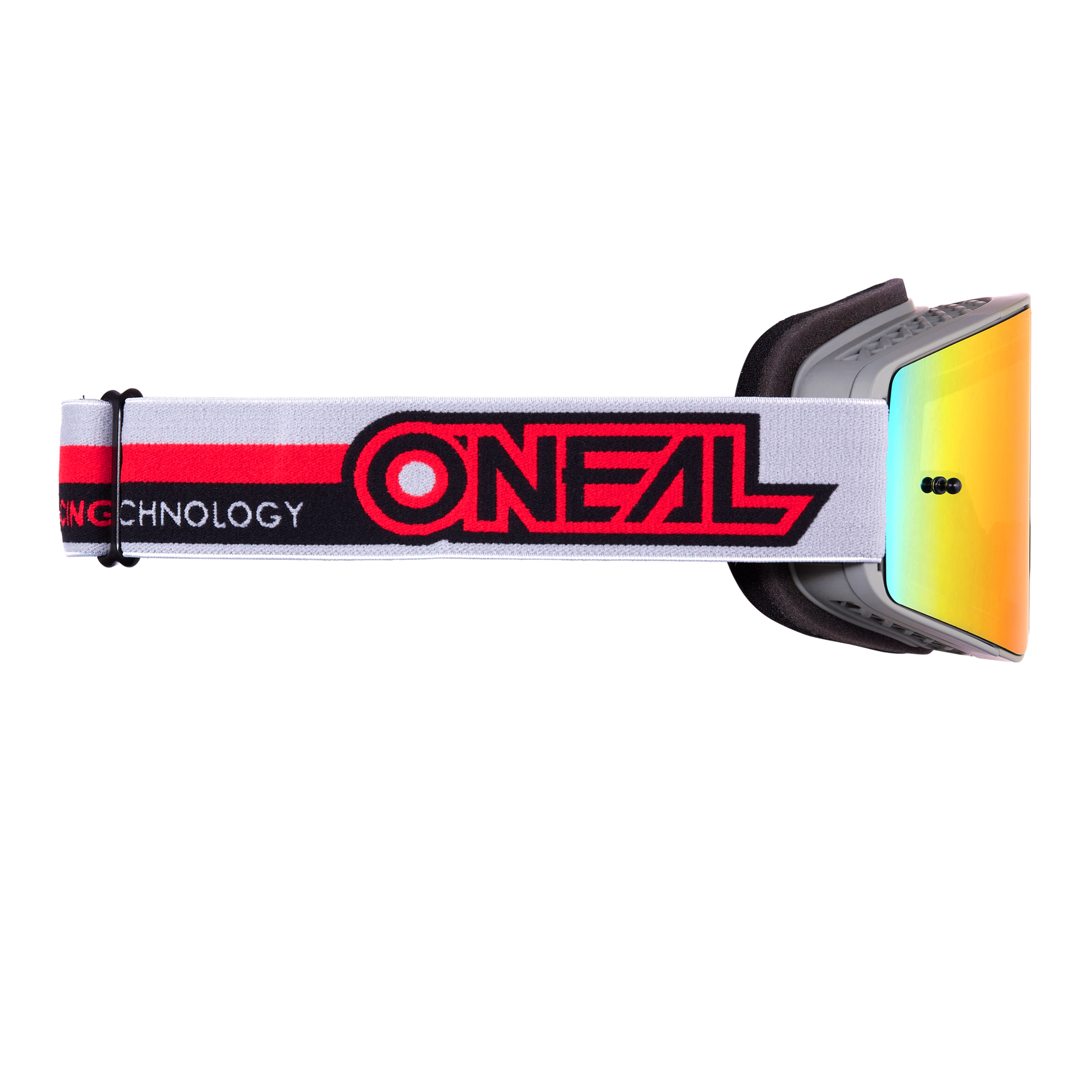 Seitenansicht der O'NEAL B-20 Brille PROXY Motocross-Brille mit rot-schwarz-weißem Gurtband, O'NEAL-Logo und gelb-orangem, reflektierendem Glas für ein besseres Sichtfeld.