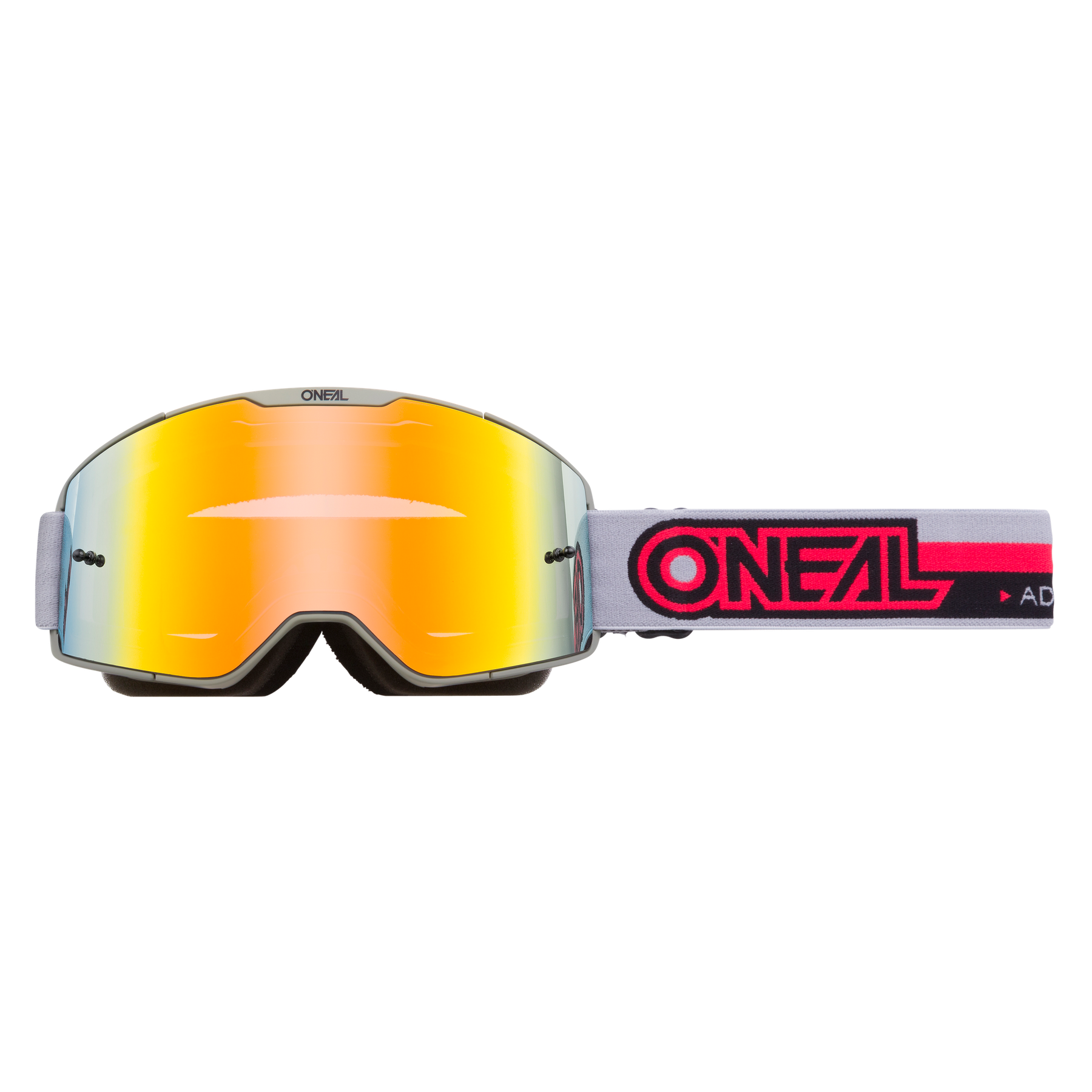 Die O'NEAL B-20 Brille PROXY verfügt über reflektierende orangefarbene und gelbe Gläser, ein breites Sichtfeld, ein verstellbares graues Band und ein schwarzes und pinkfarbenes O'NEAL-Logo - perfekt für Motocross oder Radfahren.