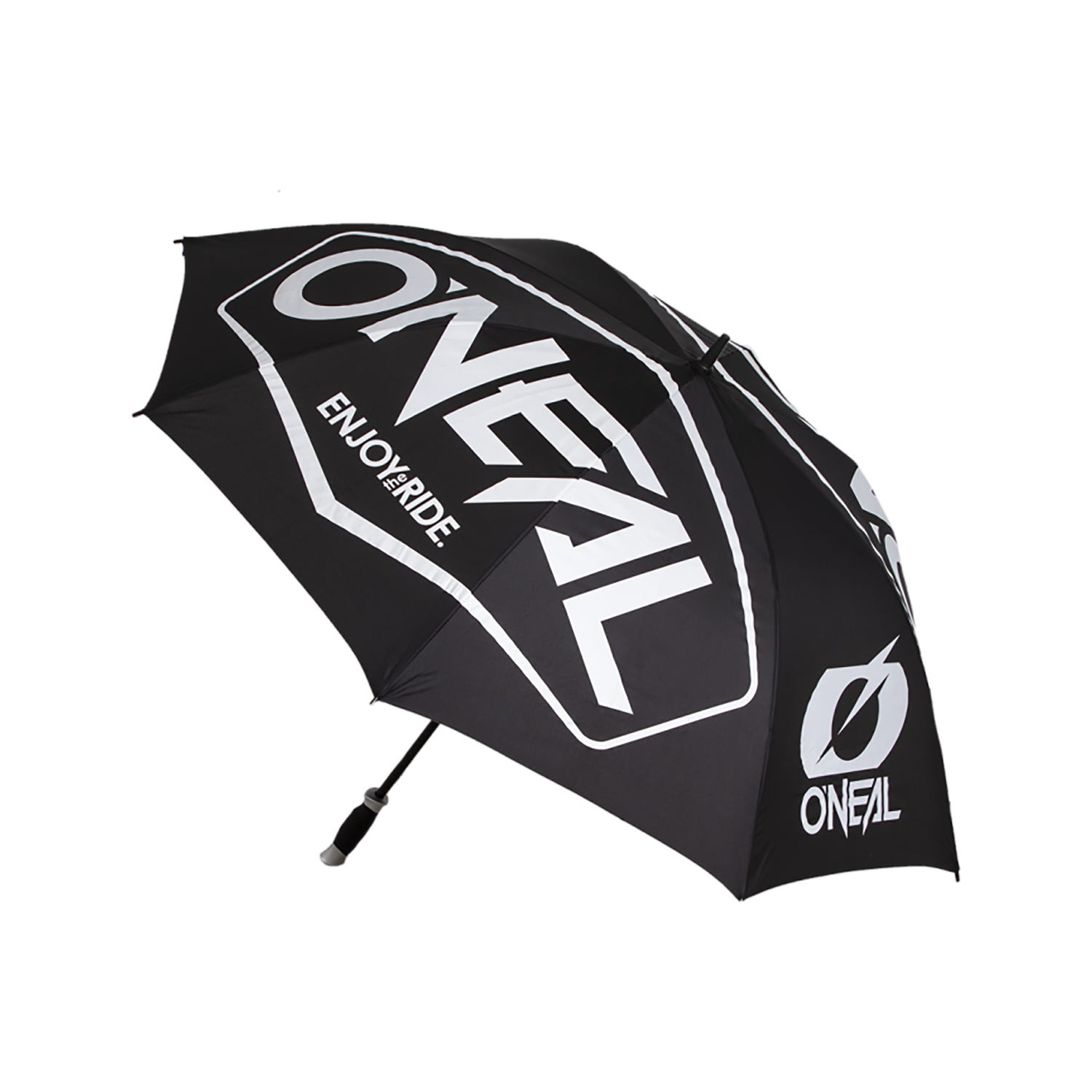 Der O'NEAL MOTO ATTACK Regenschirm HEXX ist ein schwarzer Regenschirm mit weißem "ONEAL"-Schriftzug, dem Slogan "ENJOY THE RIDE" und dem O'Neal-Logo auf einer Seite.