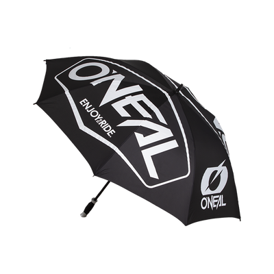 L'ombrello O'NEAL MOTO ATTACK Hexx è un ombrello nero con scritte bianche "#ONEAL", lo slogan "ENJOY THE RIDE" e il logo O'Neal su un lato.