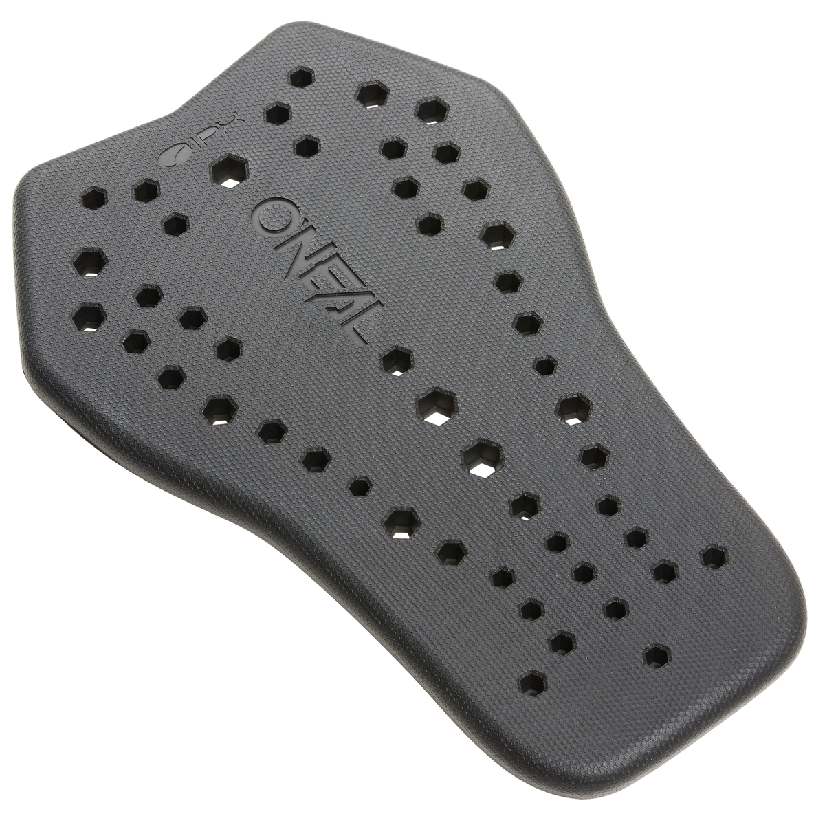 La O'NEAL IPX-HP es una almohadilla protectora negra y contorneada con perforaciones hexagonales, una superficie texturizada y la marca "O'NEAL" grabada en relieve en la parte delantera.
