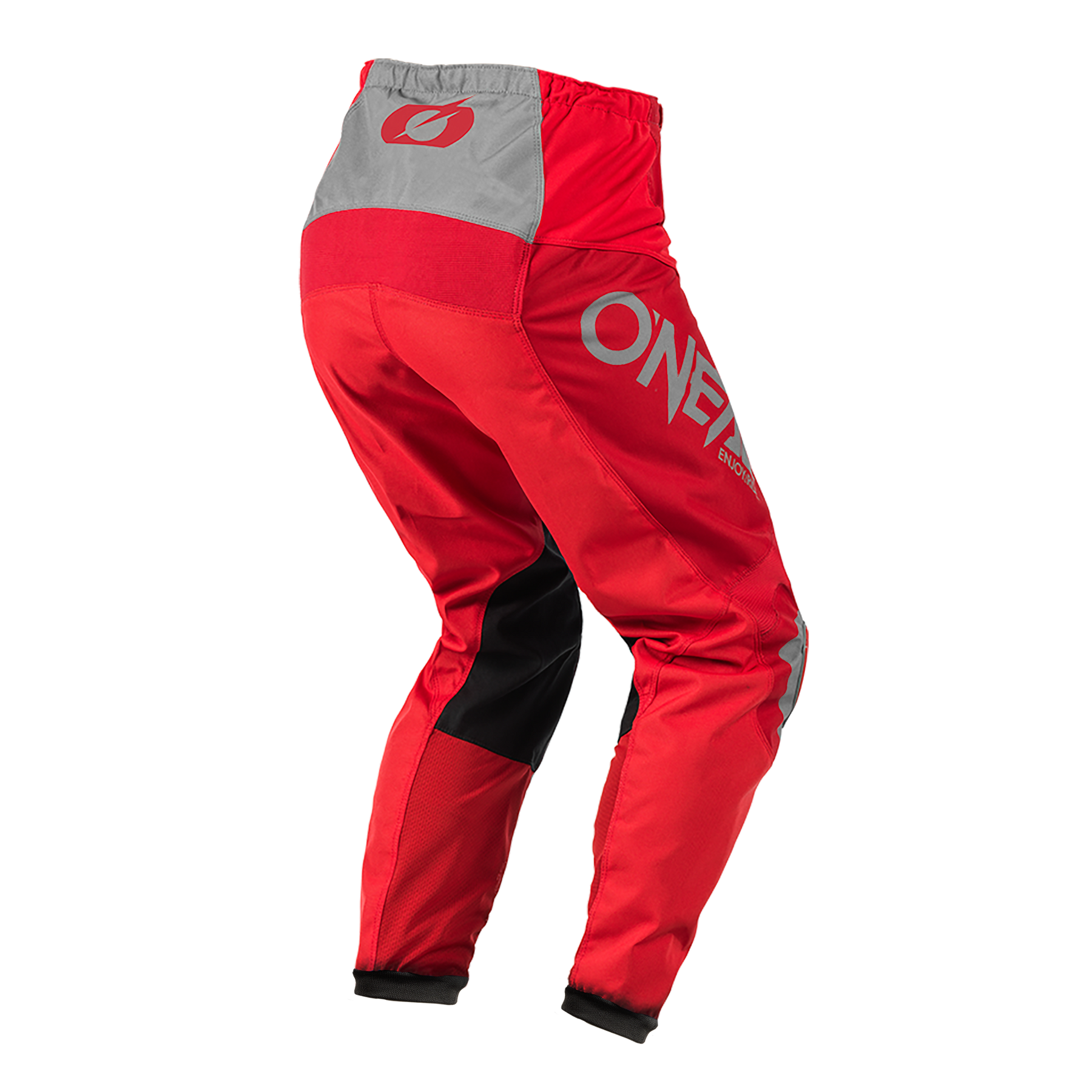 Die O'NEAL MATRIX Hose RIDEWEAR Motocross-Hose in Rot und Grau mit schwarzen Akzenten zeigt das O'NEAL "ONE"-Logo an der Seite und ein stilisiertes "O" auf dem Bund, dargestellt aus einer Dreiviertelansicht von hinten.