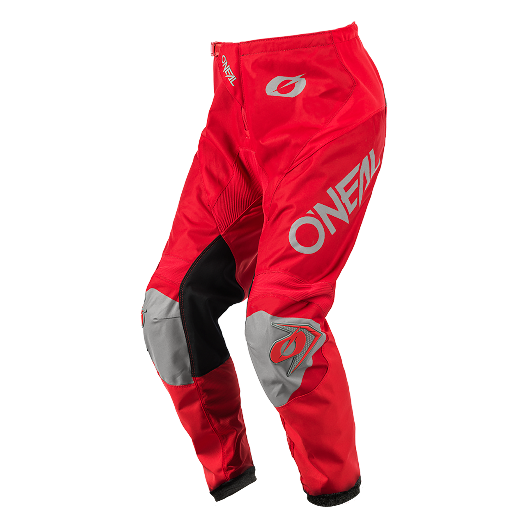 Die O'NEAL MATRIX Hose RIDEWEAR ist eine rot-graue Motocross-Hose mit schwarzen Akzenten, einem auffälligen O'NEAL-Logo in Weiß auf dem rechten Bein sowie kleineren Logos auf dem linken Oberschenkel und dem Knie - eine Kombination aus Stil und Sicherheit als Teil der O'NEAL-Produktpalette.