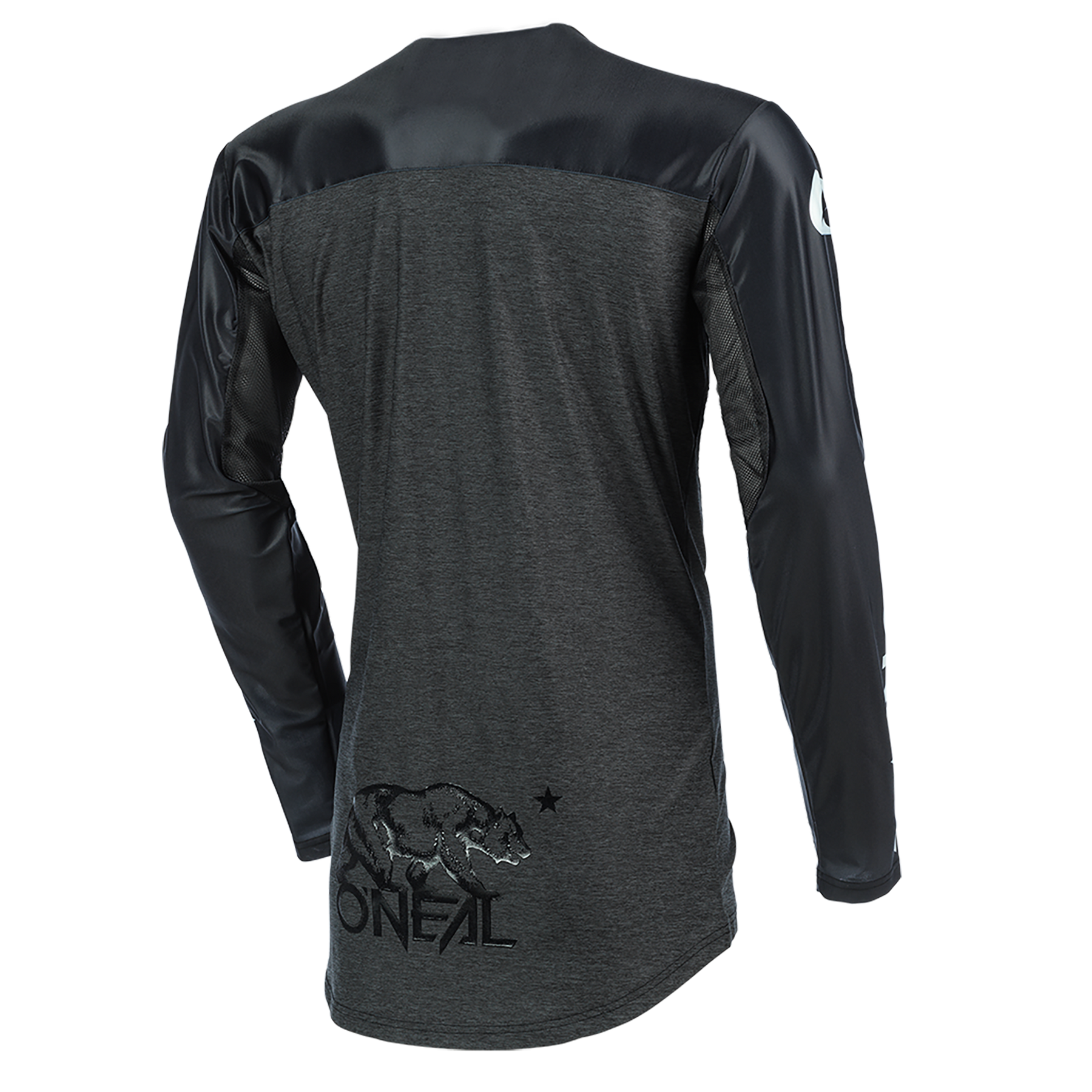 Das O'NEAL MAYHEM Jersey HEXX ist ein langärmeliges Trikot in Dunkelgrau und Schwarz mit glänzender Oberfläche, von hinten gesehen. Es ist von hoher Qualität und zeigt eine Bären- und Sternengrafik über dem O'NEAL-Logo in der Nähe des Saums.