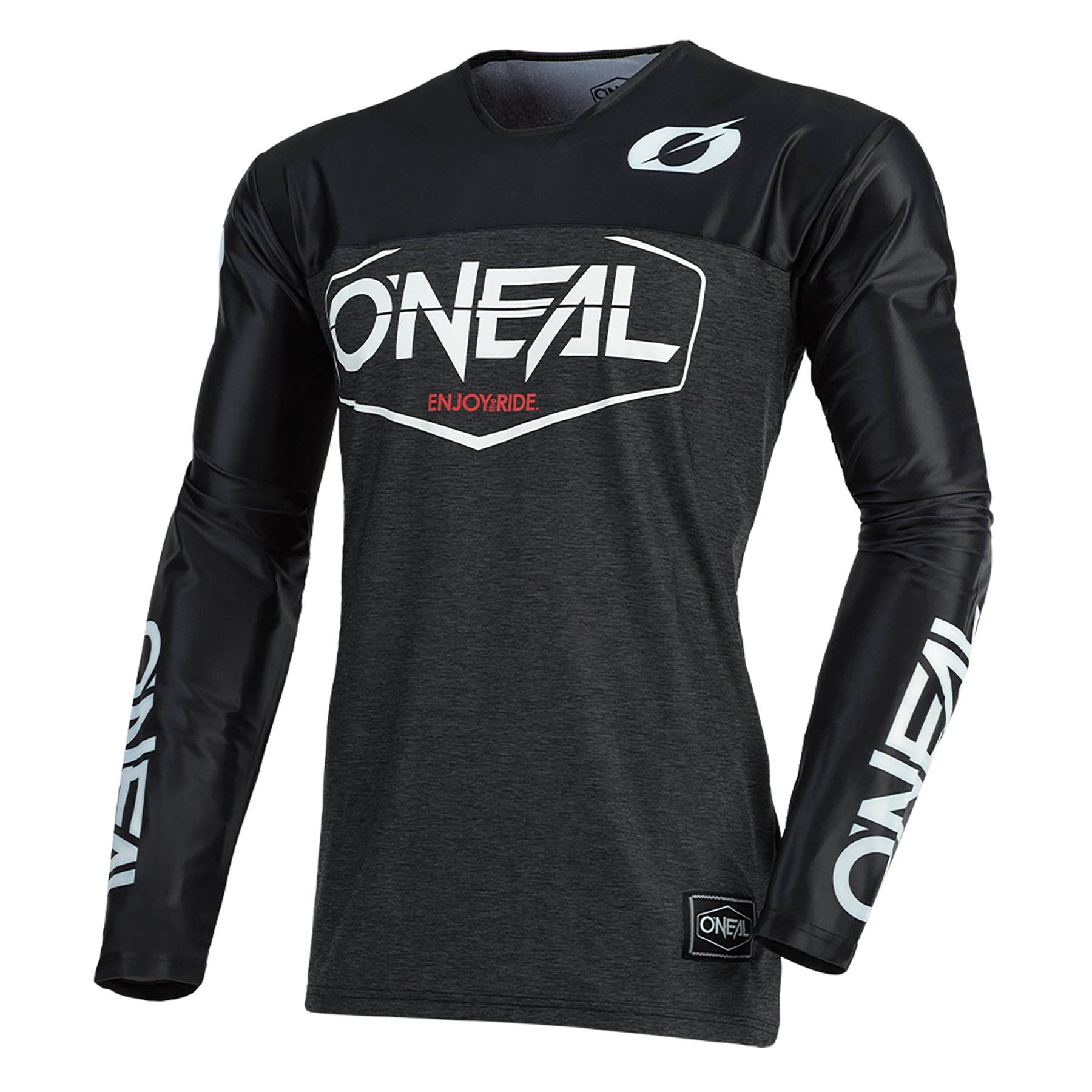 Das O'NEAL MAYHEM Jersey HEXX ist ein schwarz-dunkelgraues Hochleistungstrikot mit weißen O'NEAL-Logos auf der Brust, den Ärmeln und dem Kragen sowie einem roten "ENJOY RIDE"-Schriftzug unter dem Hauptlogo - entworfen für maximale Funktionalität.