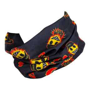 El calentador de cuello O'NEAL EMOJI es un pañuelo tubular negro de O'NEAL que muestra coloridas caras emoji con pelo de fuego y letras "¡WOW!" y "¡BOOM!", ideal para aventuras de motocross o mountain bike.
