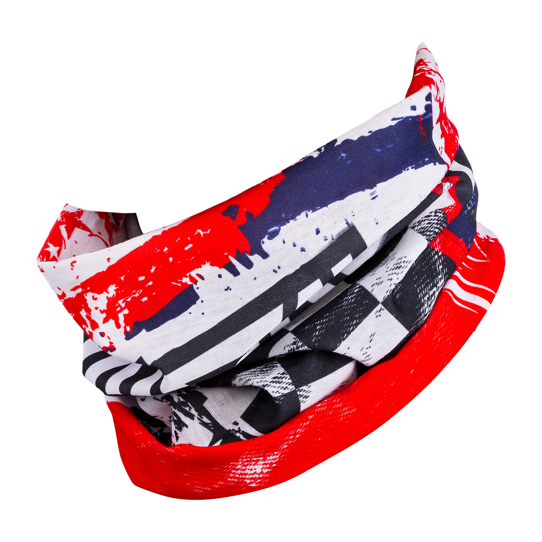 Der O'NEAL Nackenwärmer USA zeigt abstrakte rot-weiß-blaue Muster mit Farbspritzern und Karomustern - ein stylischer, bunter Halswärmer von O'NEAL, ideal für Motocross- oder Mountainbike-Fans.