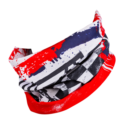 The O'NEAL neck warmer USA features abstract red, white and blue patterns with splashes of color and check patterns - a stylish, colorful neck warmer from O'NEAL, ideal for motocross or mountain bike fans.