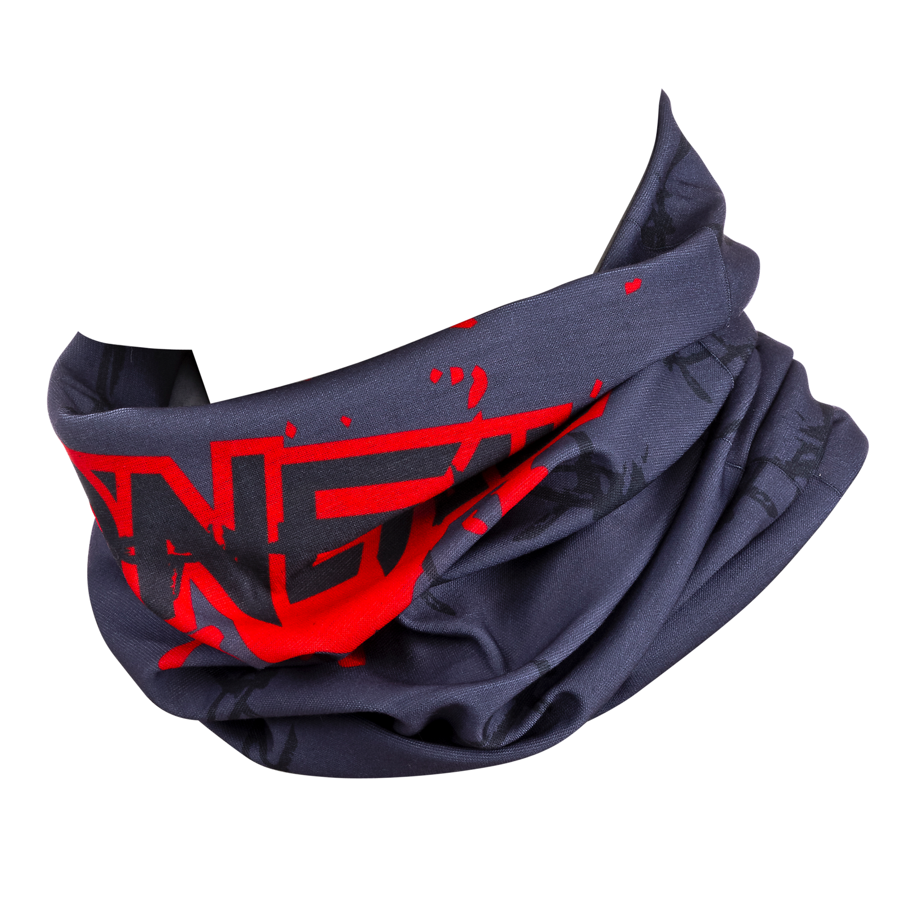Der O'NEAL Nackenwärmer WIRE hat einen dunkelgrauen Farbton mit auffälligen roten geometrischen und subtilen schwarzen Mustern, die in weichen Falten auf weißem Hintergrund gestaltet sind - perfekt für Mountainbike- oder Motocross-Fahrten.