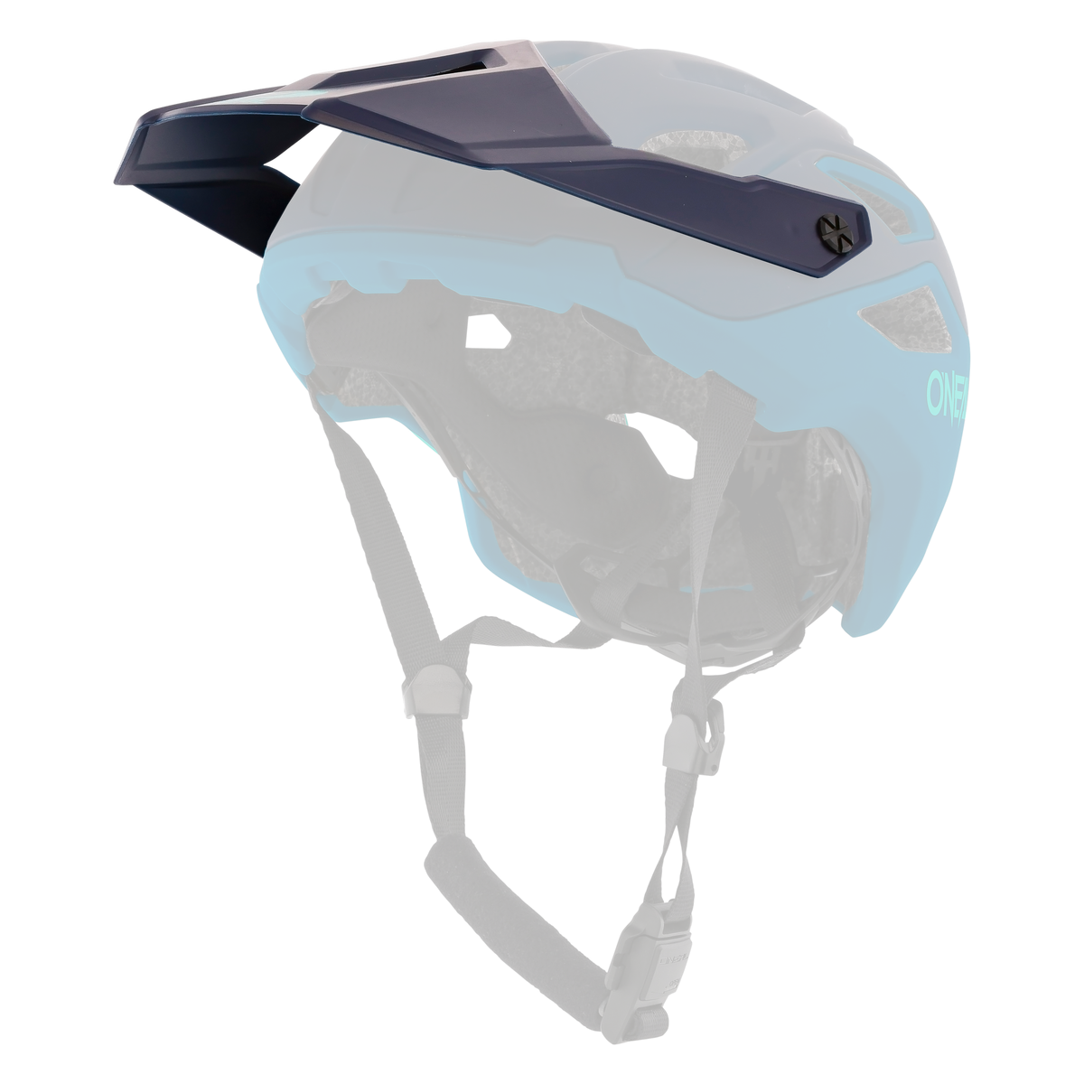 Der O'NEAL Visor PIKE Helmet SOLID von O'NEAL ist ein blau-schwarzer Mountainbike-Helm mit Visier, Belüftungslöchern und verstellbaren schwarzen Riemen, dargestellt von der Seite vor weißem Hintergrund.