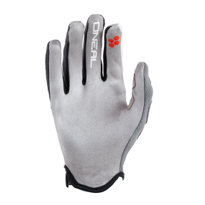 Ein grauer O'NEAL PODIUM Handschuh mit schwarzem Besatz ist mit der Handfläche nach unten abgebildet. Das weiße O'NEAL-Logo ist auf dem Handrücken zu sehen, und auf dem Zeigefinger dieses stilvollen Handschuhs befindet sich ein orangefarbenes Sechseck.