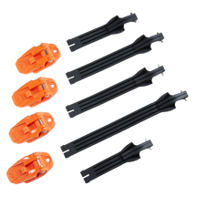 Four orange plastic clips with silver metal parts and five long black plastic straps, each notched at one end, from the O'NEAL RIDER PRO Boot Full Buckle/Strap Kit from O'NEAL are displayed on a black background.