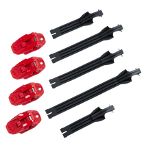 The O'NEAL RIDER PRO Boot Full Buckle/Strap Kit from O'NEAL includes four black mounting brackets and four red buckles with metal fasteners arranged in parallel rows on a white background.