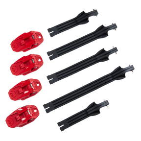 Le kit O'NEAL RIDER PRO Bottes Full Buckle/Strap comprend quatre supports de montage noirs et quatre attaches de fermeture rouges avec des fermetures métalliques disposées en rangées parallèles sur un fond blanc.