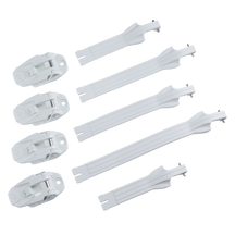 Four white buckles and four matching white straps from the O'NEAL RIDER PRO Boot Full Buckle/Strap Kit from O'NEAL are arranged in parallel rows on a black background.